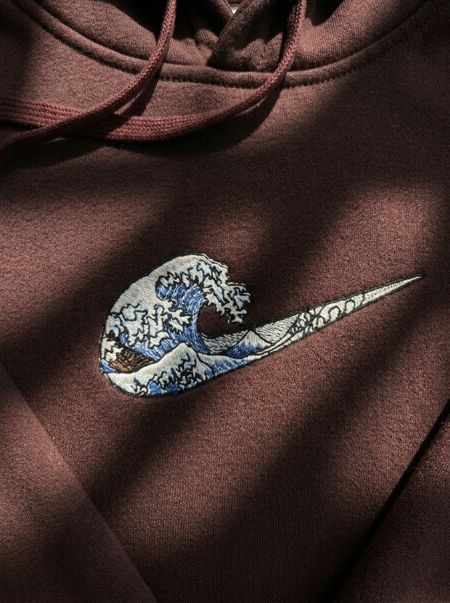 Grande Vague de Kanagawa broderie Nike hoodie bordeaux